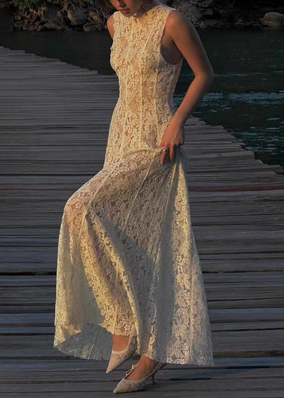 Slim Fit White High Waist Solid Lace Long Dress Sleeveless