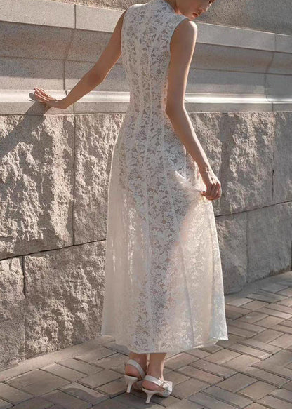 Slim Fit White High Waist Solid Lace Long Dress Sleeveless
