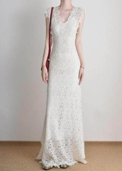 Slim Fit White Holiday Lace Long Dress O-Neck Short Sleeve