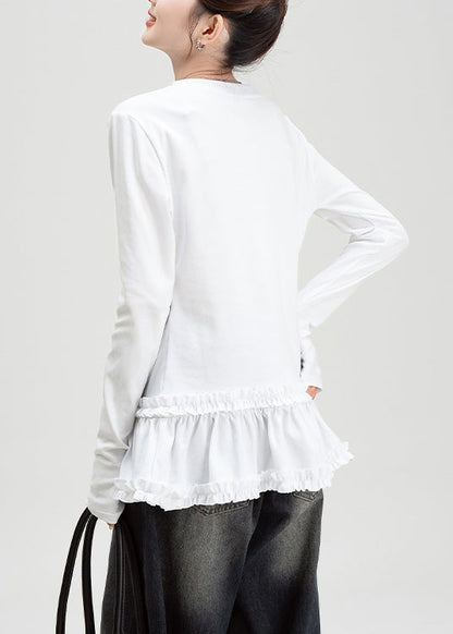 Camiseta de algodón blanca de corte entallado con cuello redondo y volantes para primavera