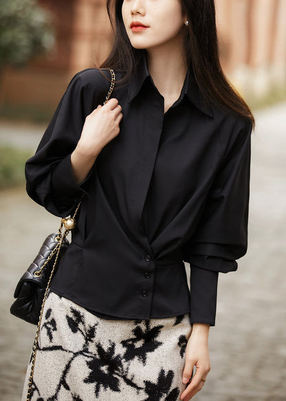 Camisa de algodón blanca de corte entallado con cuello Peter Pan y botones para primavera