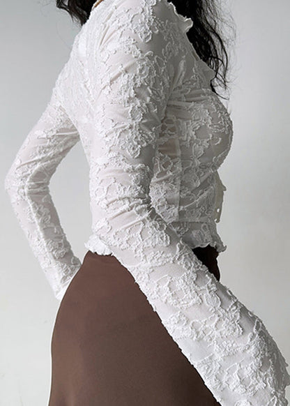 Schmal geschnittene, weiße Rüschenbluse aus Baumwolle mit Schnürung, Herbst-/Winter-Oberteil