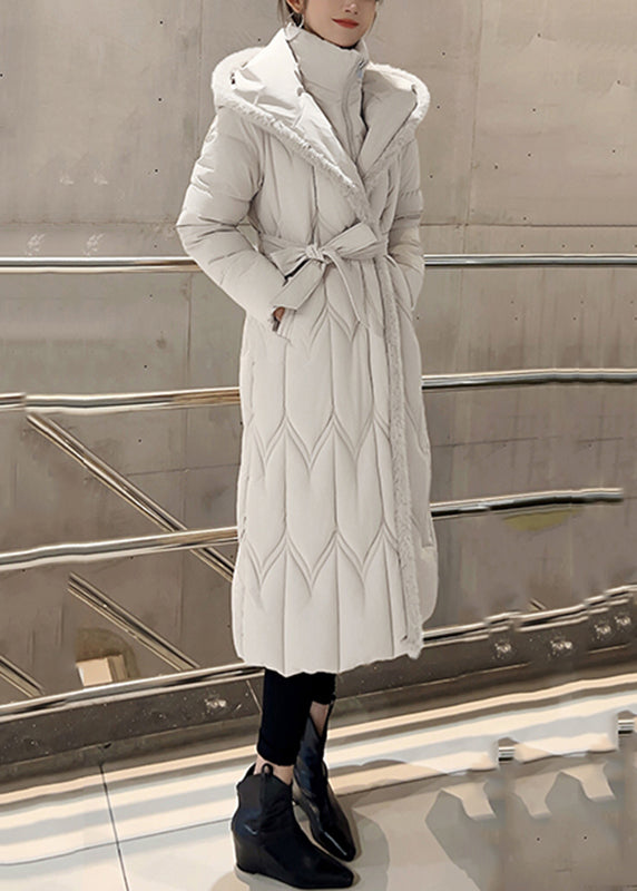 Slim Fit White Stand Collar Zippered Long Parka Winter