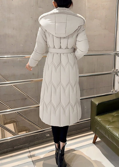 Slim Fit White Stand Collar Zippered Long Parka Winter