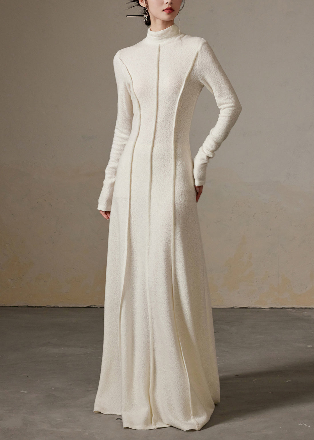 Slim Fit White Turtleneck High Waist Cotton Long Dress Winter
