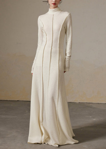 Slim Fit White Turtleneck High Waist Cotton Long Dress Winter