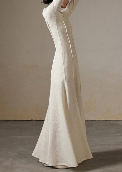 Slim Fit White Turtleneck High Waist Cotton Long Dress Winter