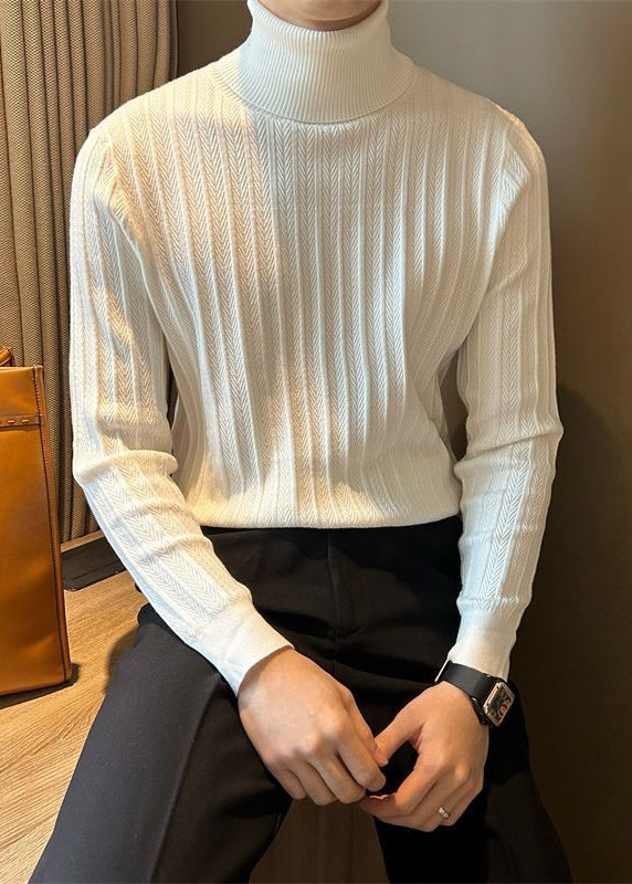 Slim Fit White Turtleneck Striped Knit Mens Sweaters Winter