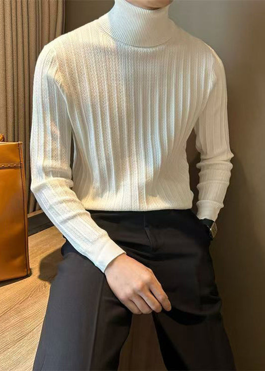 Slim Fit White Turtleneck Striped Knit Mens Sweaters Winter