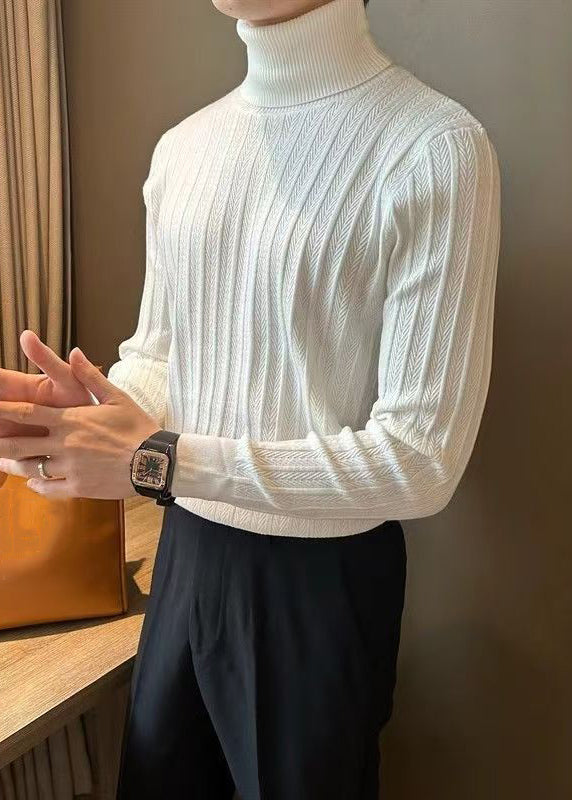 Slim Fit White Turtleneck Striped Knit Mens Sweaters Winter