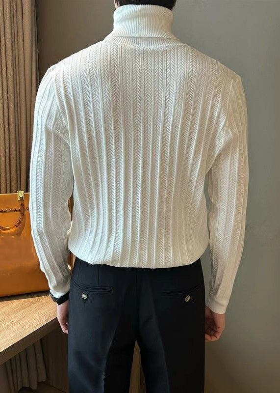 Slim Fit White Turtleneck Striped Knit Mens Sweaters Winter