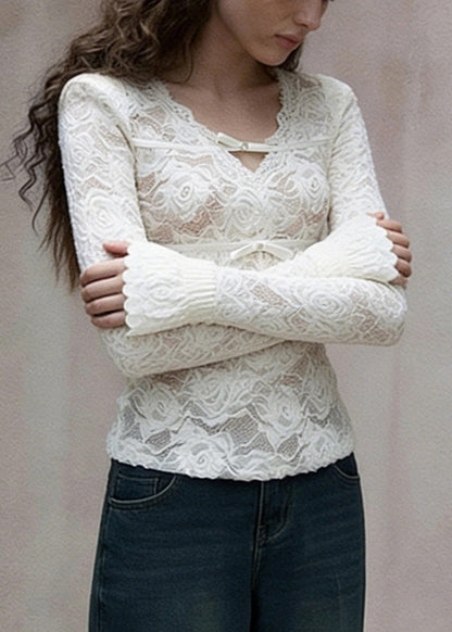Slim Fit White V Neck Bow Lace T Shirt Spring