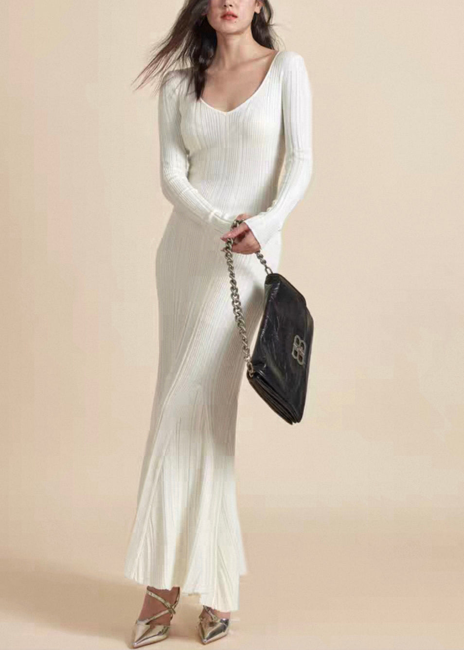 Slim Fit White V Neck Solid Knit Long Dress Fall