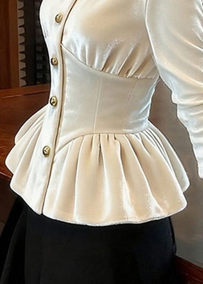 Schmal geschnittene, weiße, geknitterte Seidenvelourshemden mit hohem Bund für den Winter