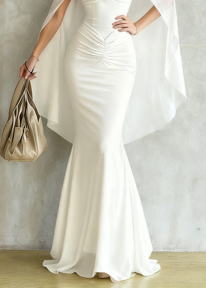 Slim Fit White Wrinkled High Waist Tulle Ankle Party Dress Summer