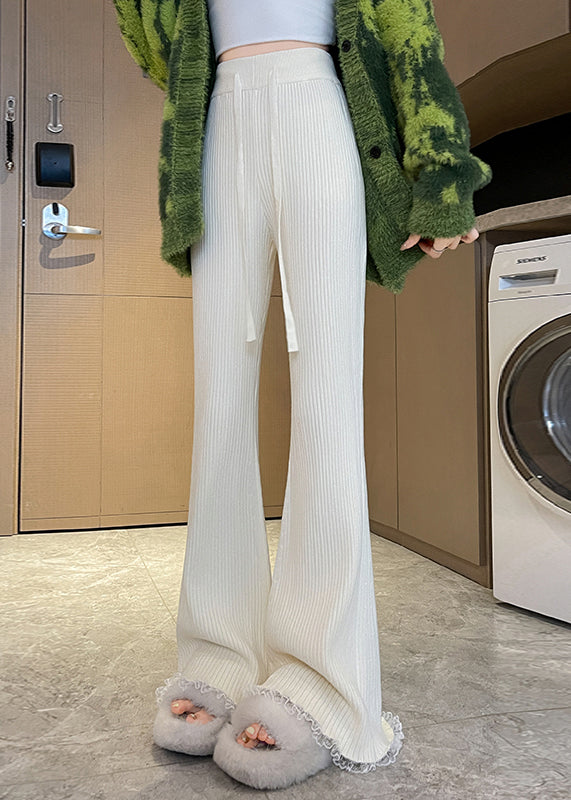 Slim Fit Wine Red Lace Elastic Waist Patchwork Knit Flared Trousers Fall