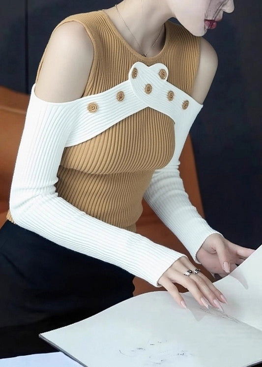 Schmal geschnittene gelbe Patchwork-Strickpullover mit Cut-Out-Schultern für den Frühling