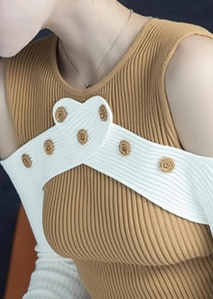 Schmal geschnittene gelbe Patchwork-Strickpullover mit Cut-Out-Schultern für den Frühling