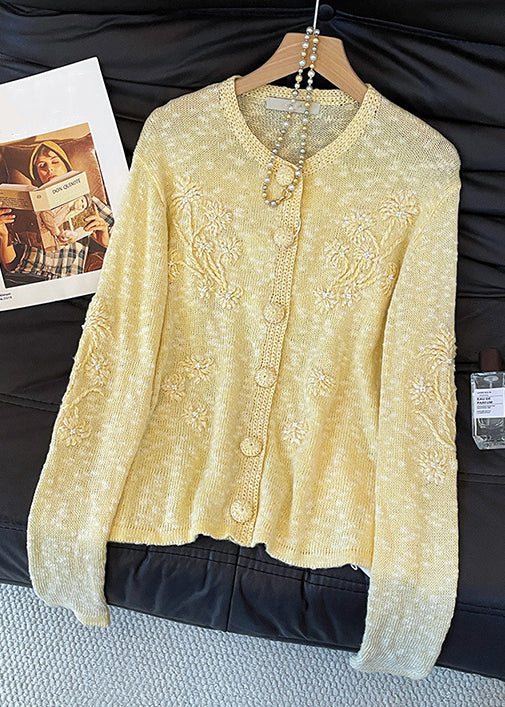 Slim Fit Yellow Embroidered Button Cozy Knit Cardigan Fall