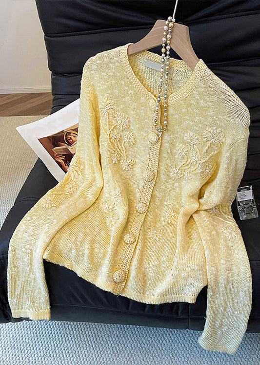 Slim Fit Yellow Embroidered Button Cozy Knit Cardigan Fall