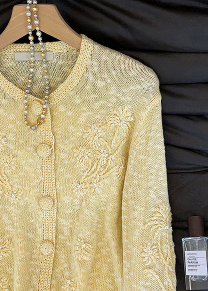 Slim Fit Yellow Embroidered Button Cozy Knit Cardigan Fall