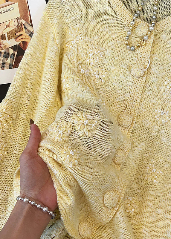 Slim Fit Yellow Embroidered Button Cozy Knit Cardigan Fall