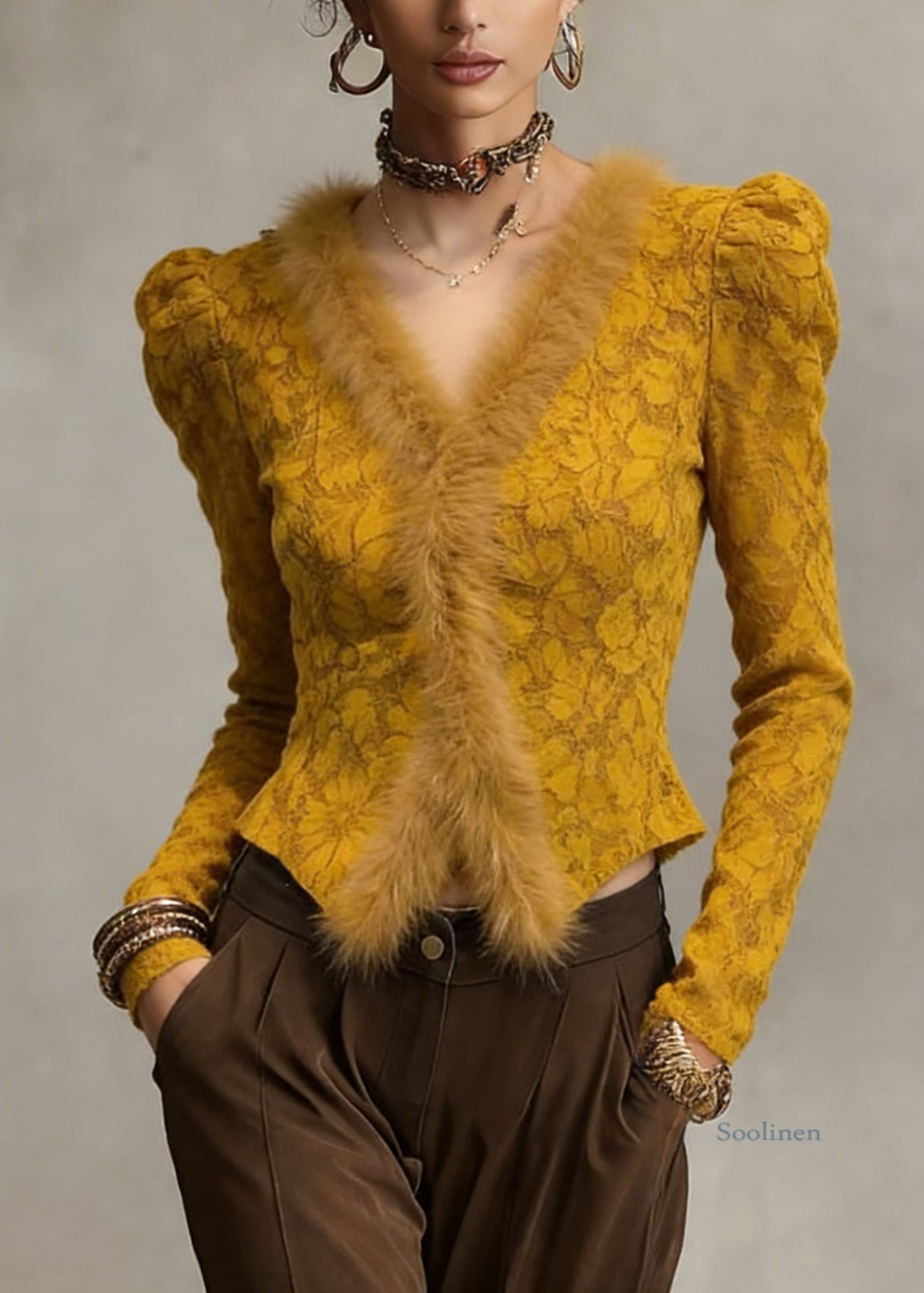 Slim Fit Yellow V Neck Lace Fluffy Patchwork Warm Fleece Tops