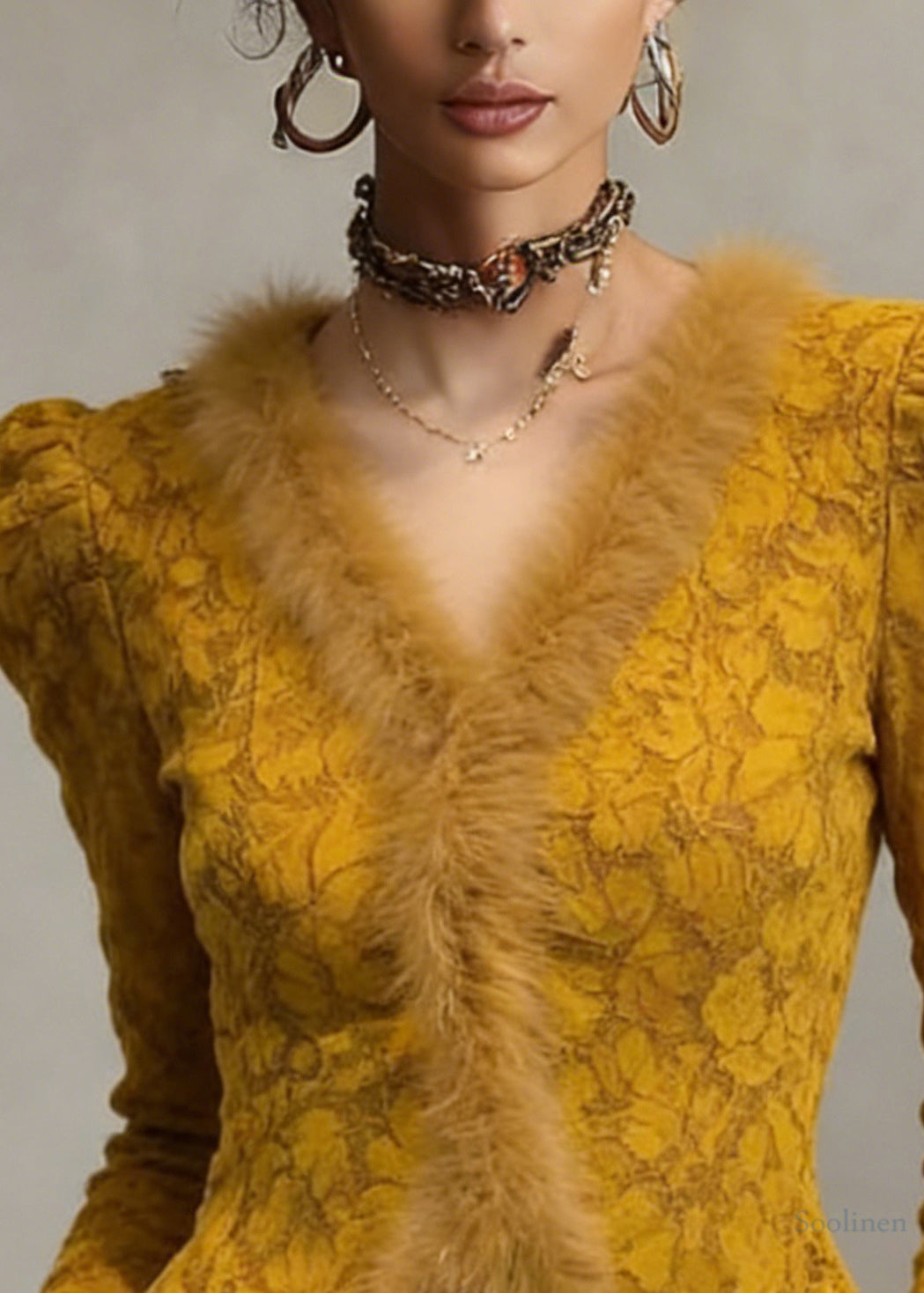 Slim Fit Yellow V Neck Lace Fluffy Patchwork Warm Fleece Tops