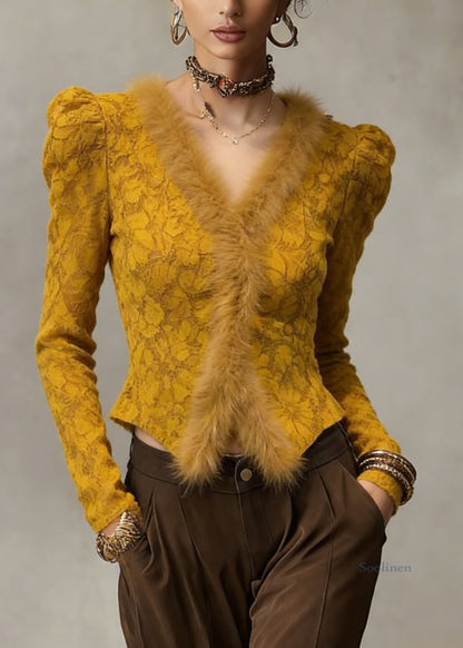 Slim Fit Yellow V Neck Lace Fluffy Patchwork Warm Fleece Tops