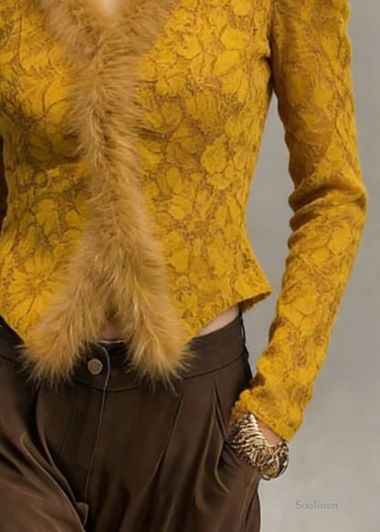 Slim Fit Yellow V Neck Lace Fluffy Patchwork Warm Fleece Tops