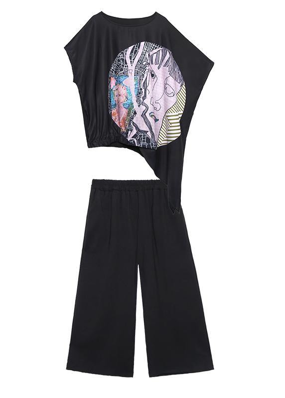 Slim summer large size casual fashion printed T-shirt + wide-leg pants two-piece suit - SooLinen