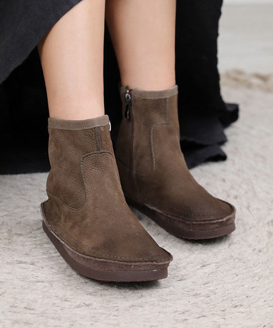 Weiche, graue Stiefel mit Reißverschluss aus Rindsleder, elegante Stiefel mit gekreuzten Riemen