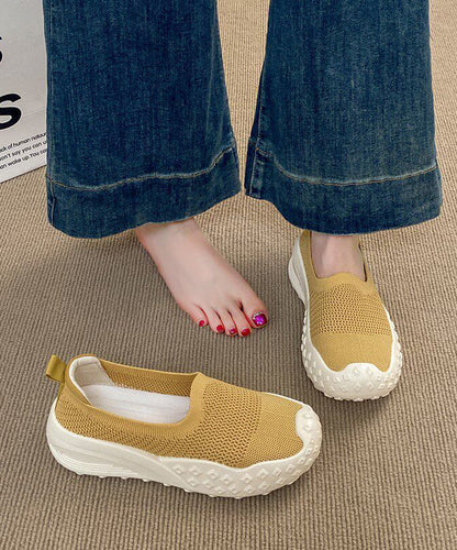 Soft Hollow Out Flat Shoes Beige Knit Fabric