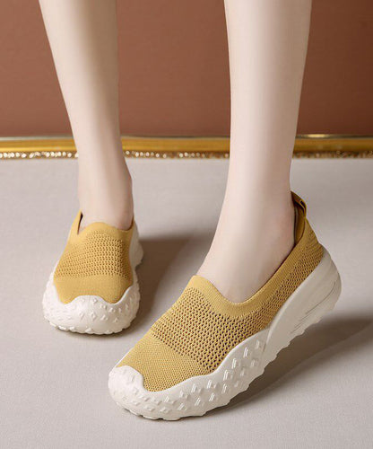 Soft Hollow Out Flat Shoes Beige Knit Fabric