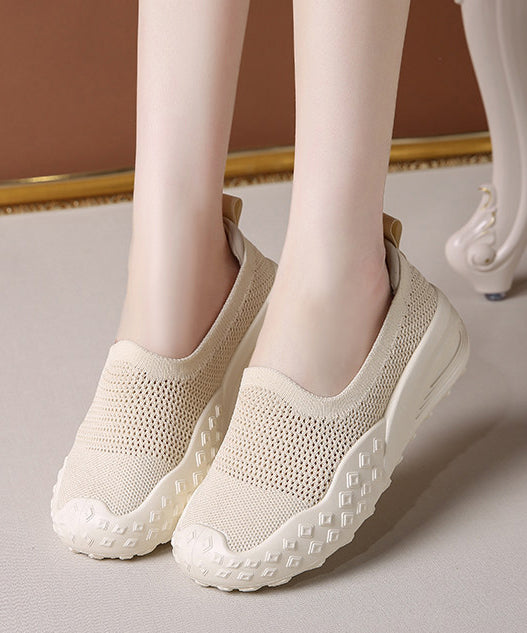 Soft Hollow Out Flat Shoes Beige Knit Fabric
