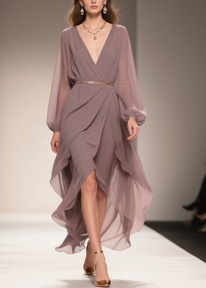 Soft Misty Lavender Gray Low High Design Chiffon Dress V Neck Spring