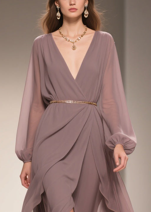 Soft Misty Lavender Gray Low High Design Chiffon Dress V Neck Spring