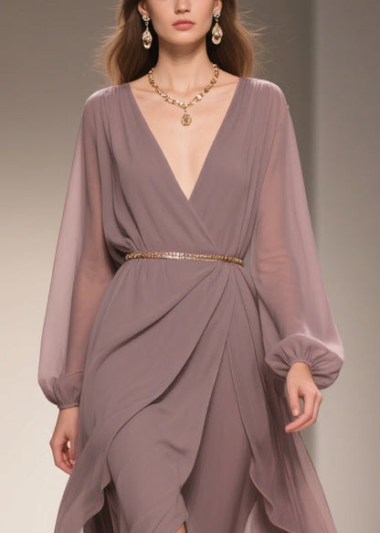 Soft Misty Lavender Gray Low High Design Chiffon Dress V Neck Spring