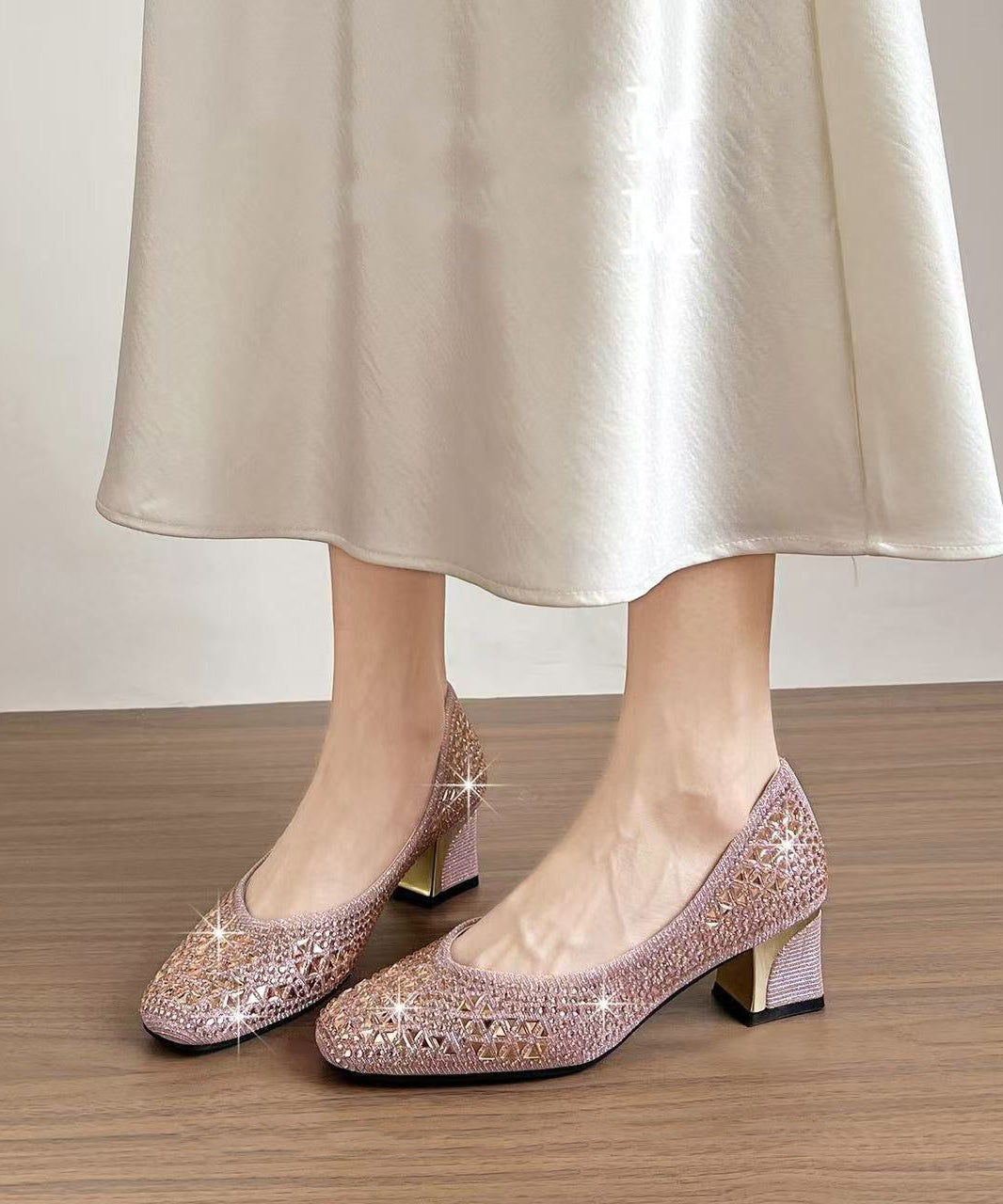 Soft Pink Chunky High Heels Faux Leather