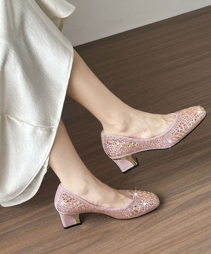 Soft Pink Chunky High Heels Faux Leather