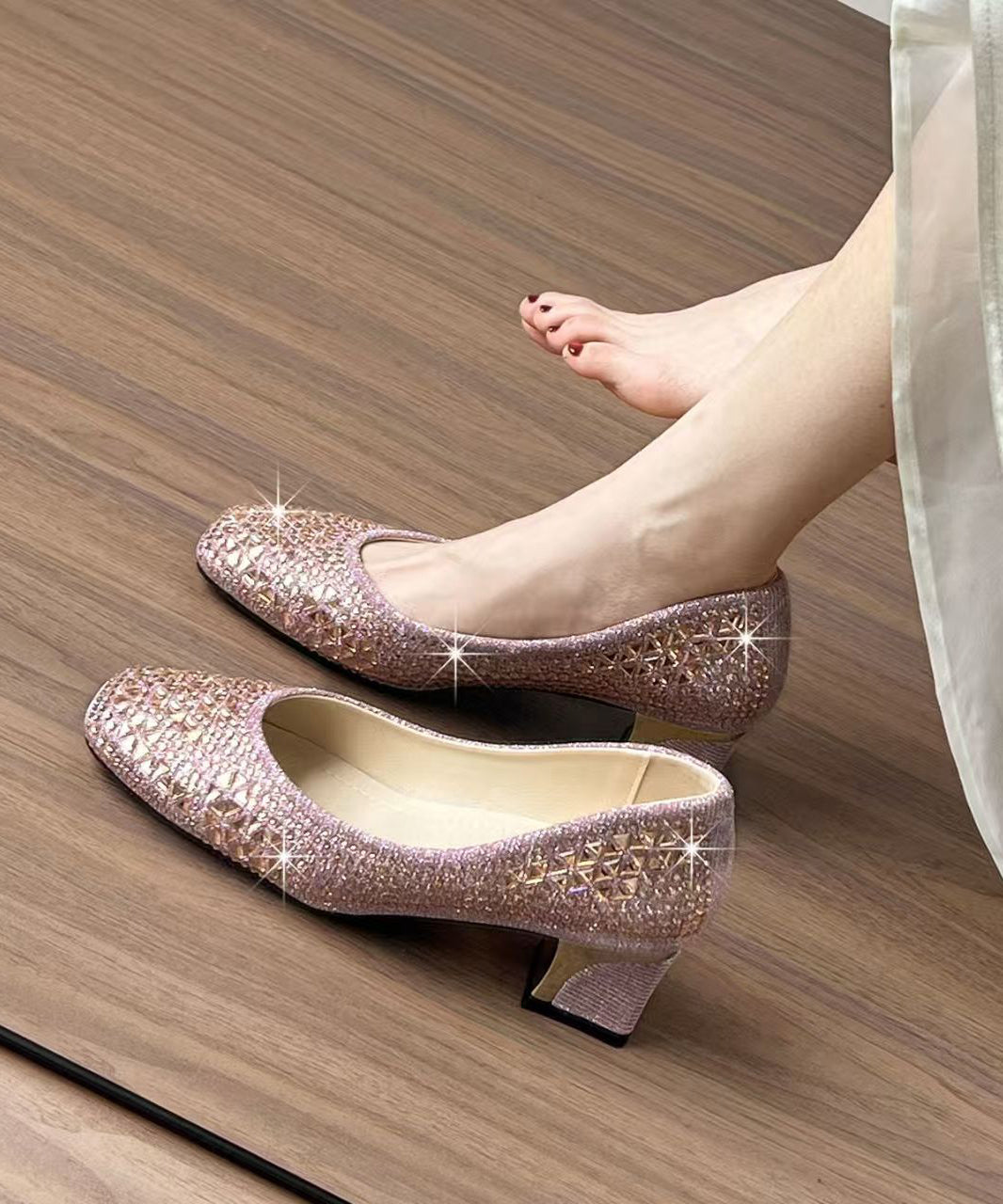 Soft Pink Chunky High Heels Faux Leather