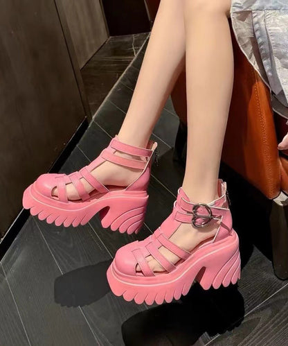 Weiche Spleißen Hohl Out Chunky Sandalen Rosa Rindsleder