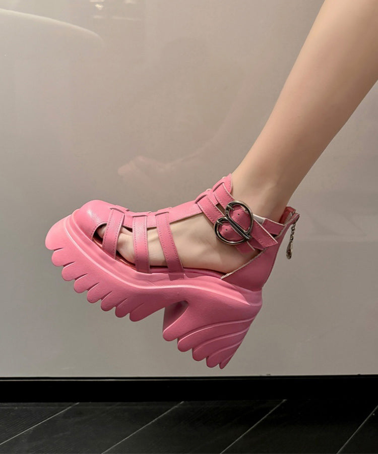 Weiche Spleißen Hohl Out Chunky Sandalen Rosa Rindsleder