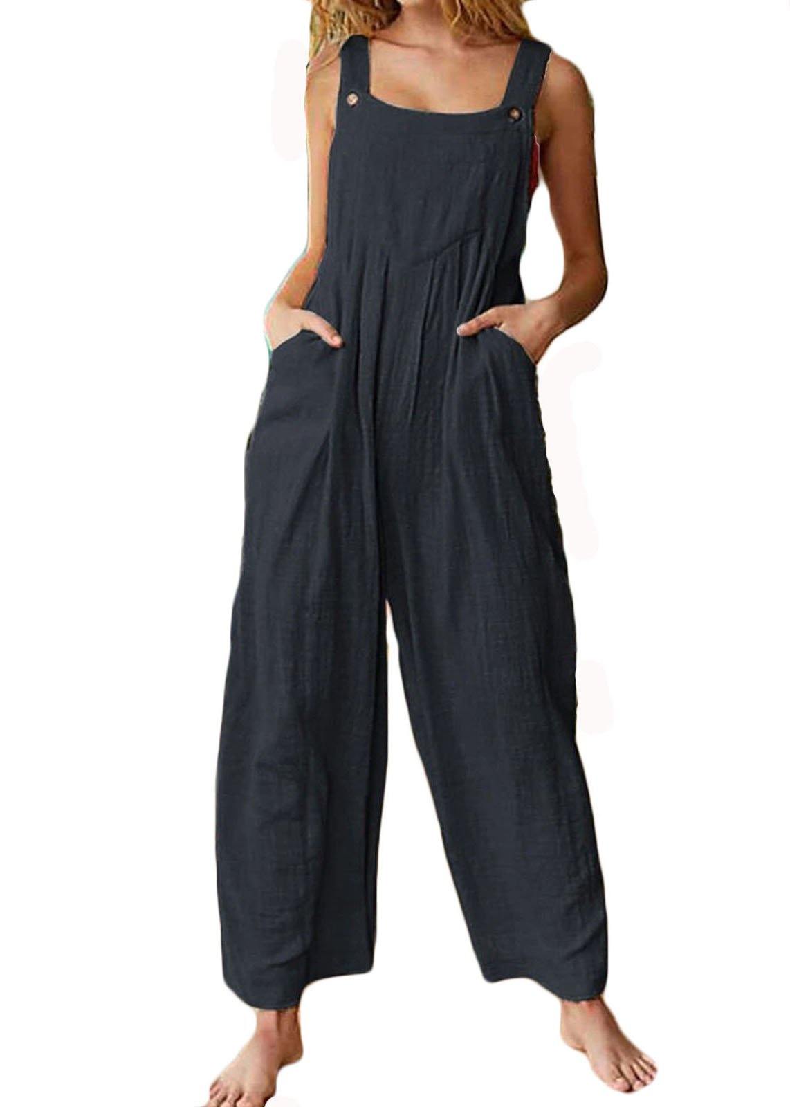 Solid Color Button Sleeveless Overalls Side Pocket Jumpsuit For Women - SooLinen