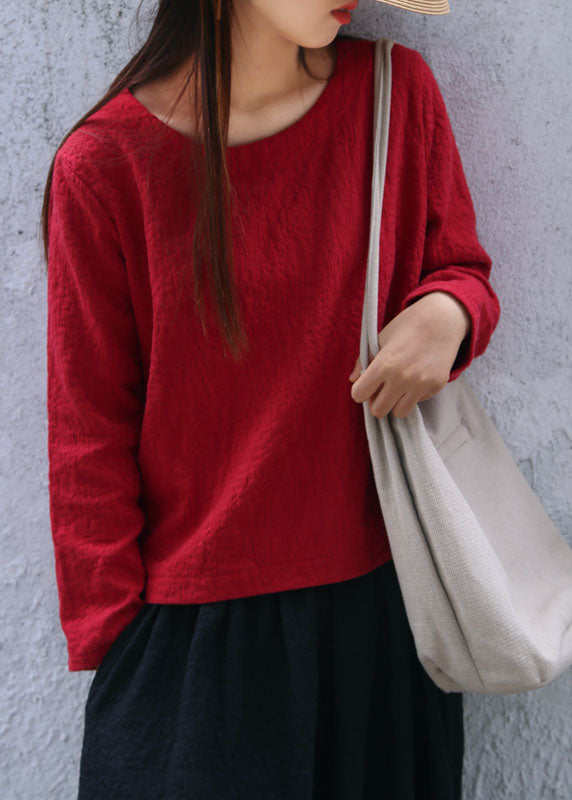 Solide Mulberry O-Ausschnitt Jacquard Leinen Tops Langarm