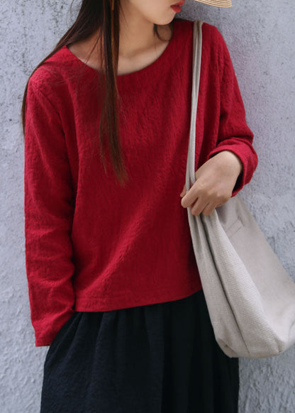 Solide Mulberry O-Ausschnitt Jacquard Leinen Tops Langarm