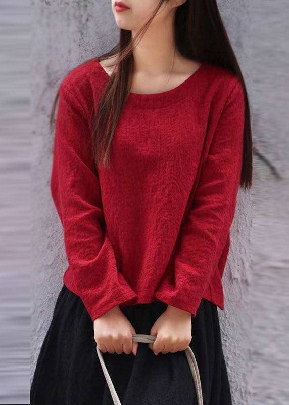 Solide Mulberry O-Ausschnitt Jacquard Leinen Tops Langarm