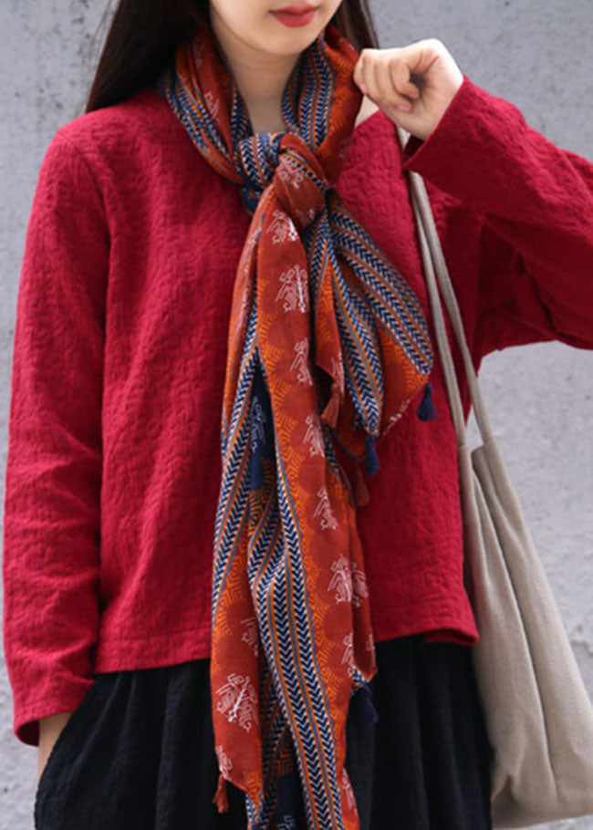 Solide Mulberry O-Ausschnitt Jacquard Leinen Tops Langarm