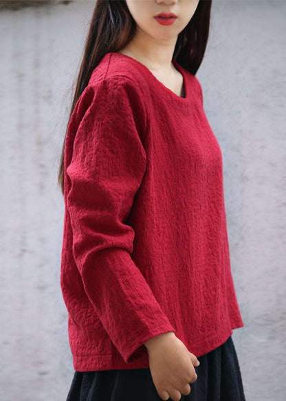 Solide Mulberry O-Ausschnitt Jacquard Leinen Tops Langarm