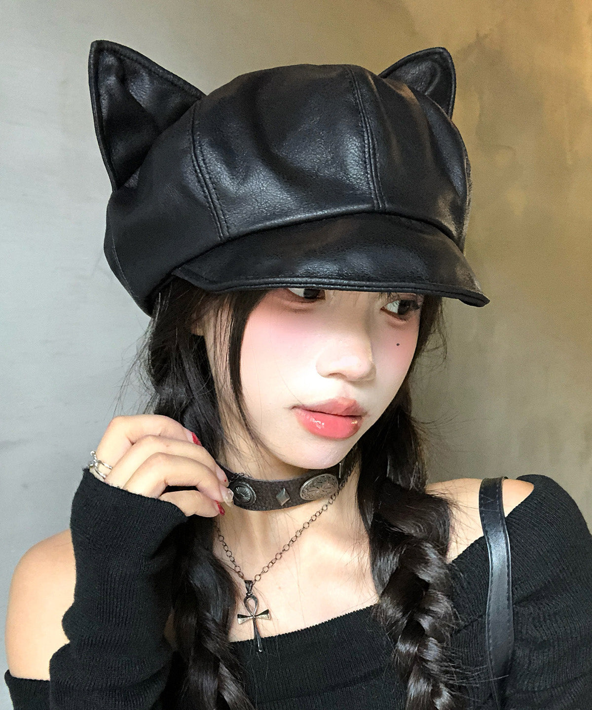 Boina de piel sintética negra con orejas de gato estilo Spicy Girl